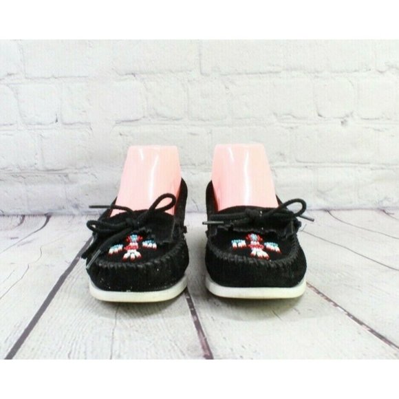 Minnetonka Black Suede Beaded Moccasins Slip On Flat Shoes Size 8 - Picture 4 of 9